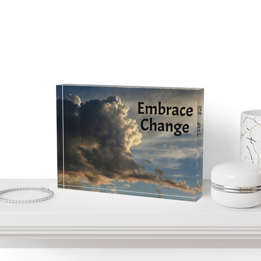 7 x 5 acrylic block with the embrace change design sitting on a shelf